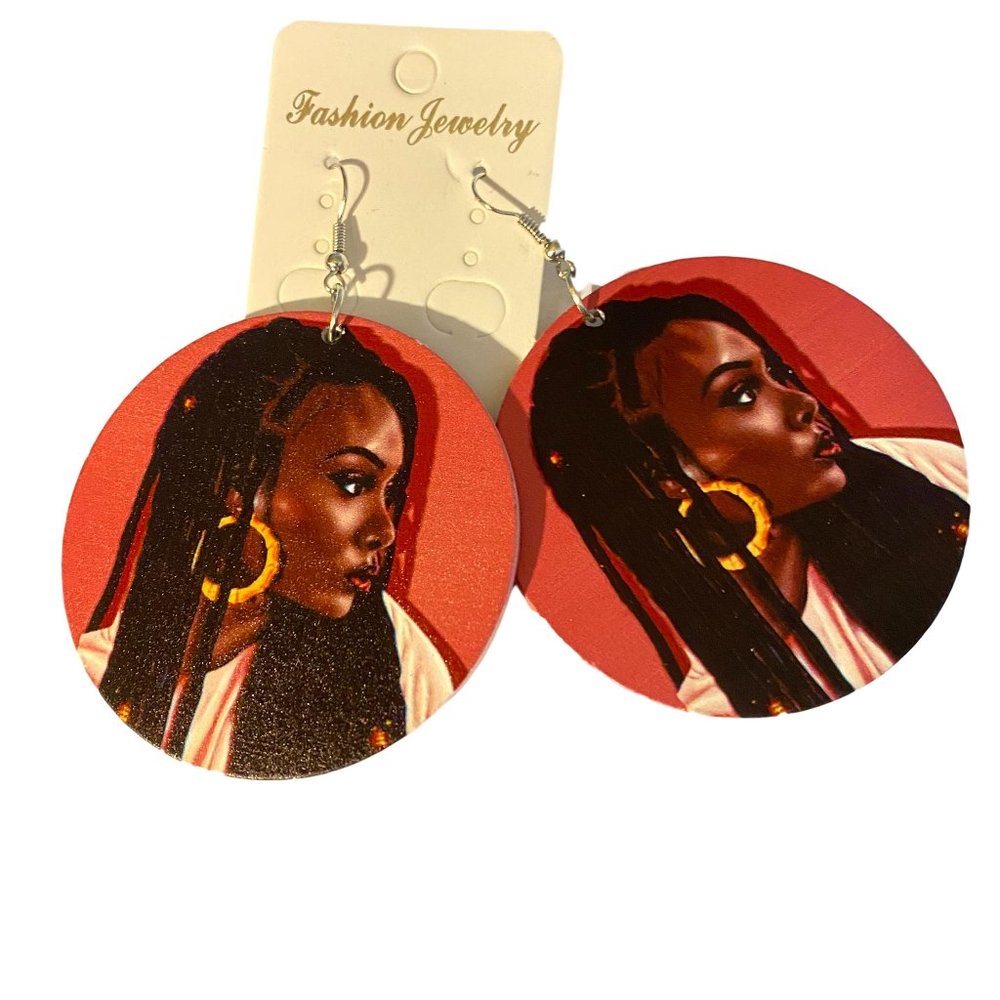 Wooden painted on both sides round drop earrings